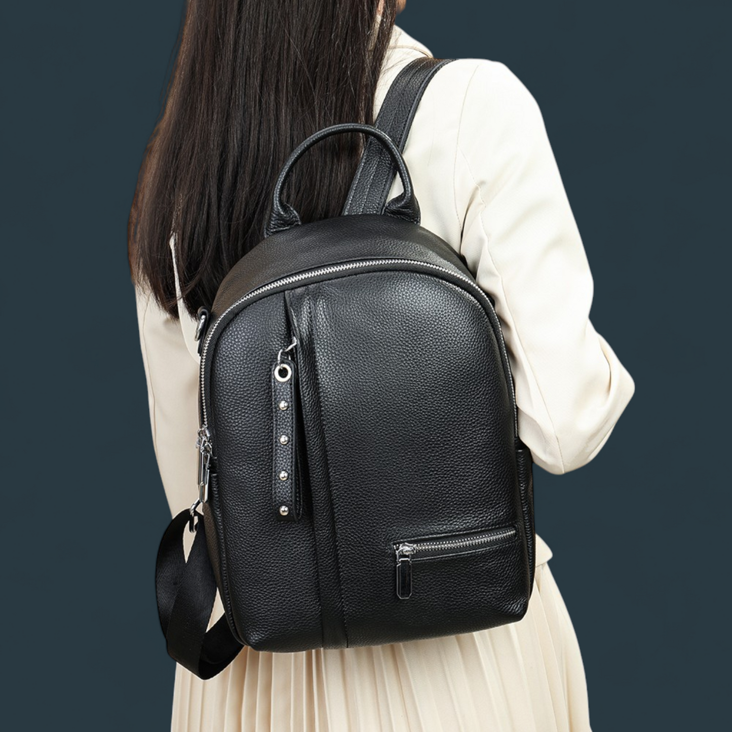 Geanta dama tip rucsac, Lucmark, piele naturala, curea de umar detasabila, Negru