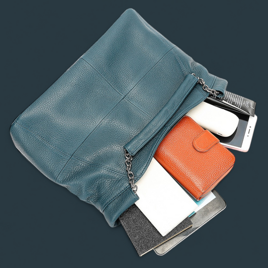 Geanta dama din piele naturala, Lucmark, curea de umar reglabila si detasabila, 30 x 13 x 22 cm, capacitate generoasa, albastru