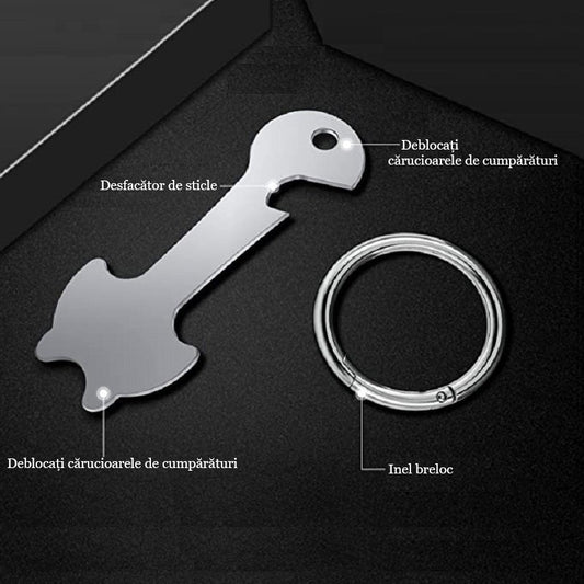 Breloc cu functie de deblocare cos de cumparaturi, Lucmark, desfacator de capace, otel inoxidabil, Argintiu