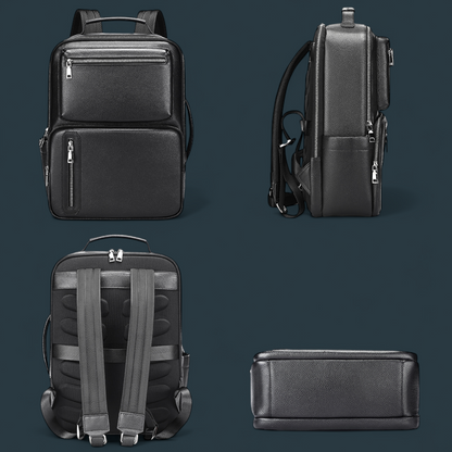 Geanta multifunctionala, Lucmark, piele naturala, 42x30x14 cm, compartiment laptop/tableta, prindere pe troler, spate captusit cu panouri buretate ergonomice, negru