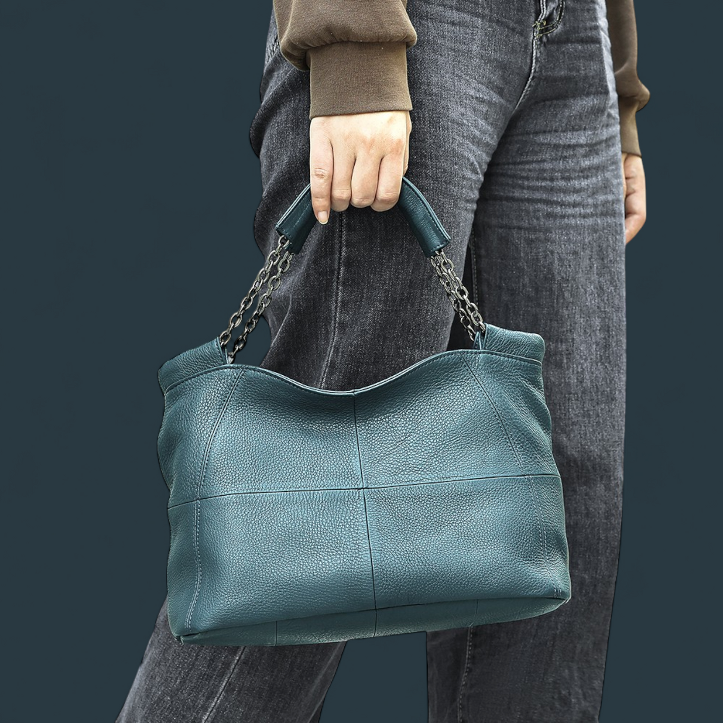 Geanta dama din piele naturala, Lucmark, curea de umar reglabila si detasabila, 30 x 13 x 22 cm, capacitate generoasa, albastru