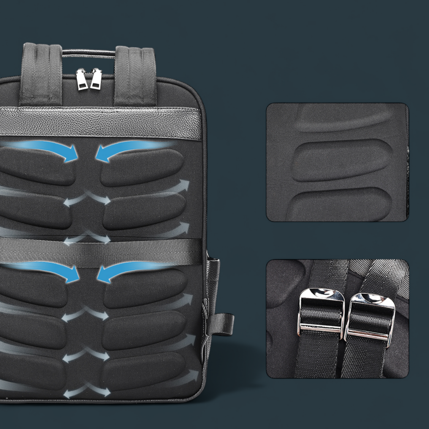 Geanta multifunctionala, Lucmark, piele naturala, 42x30x14 cm, compartiment laptop/tableta, prindere pe troler, spate captusit cu panouri buretate ergonomice, negru