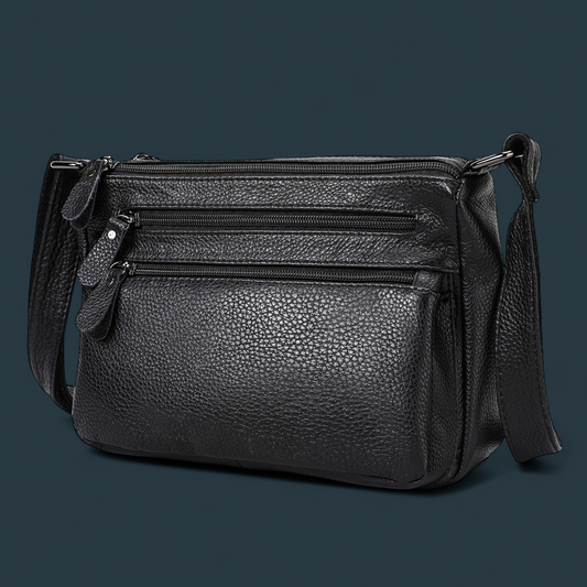 Geanta dama din piele naturala, Lucmark, design practic, compartimentare eficienta, curea reglabila, dimensiuni 24 x 10 x 18 cm, negru