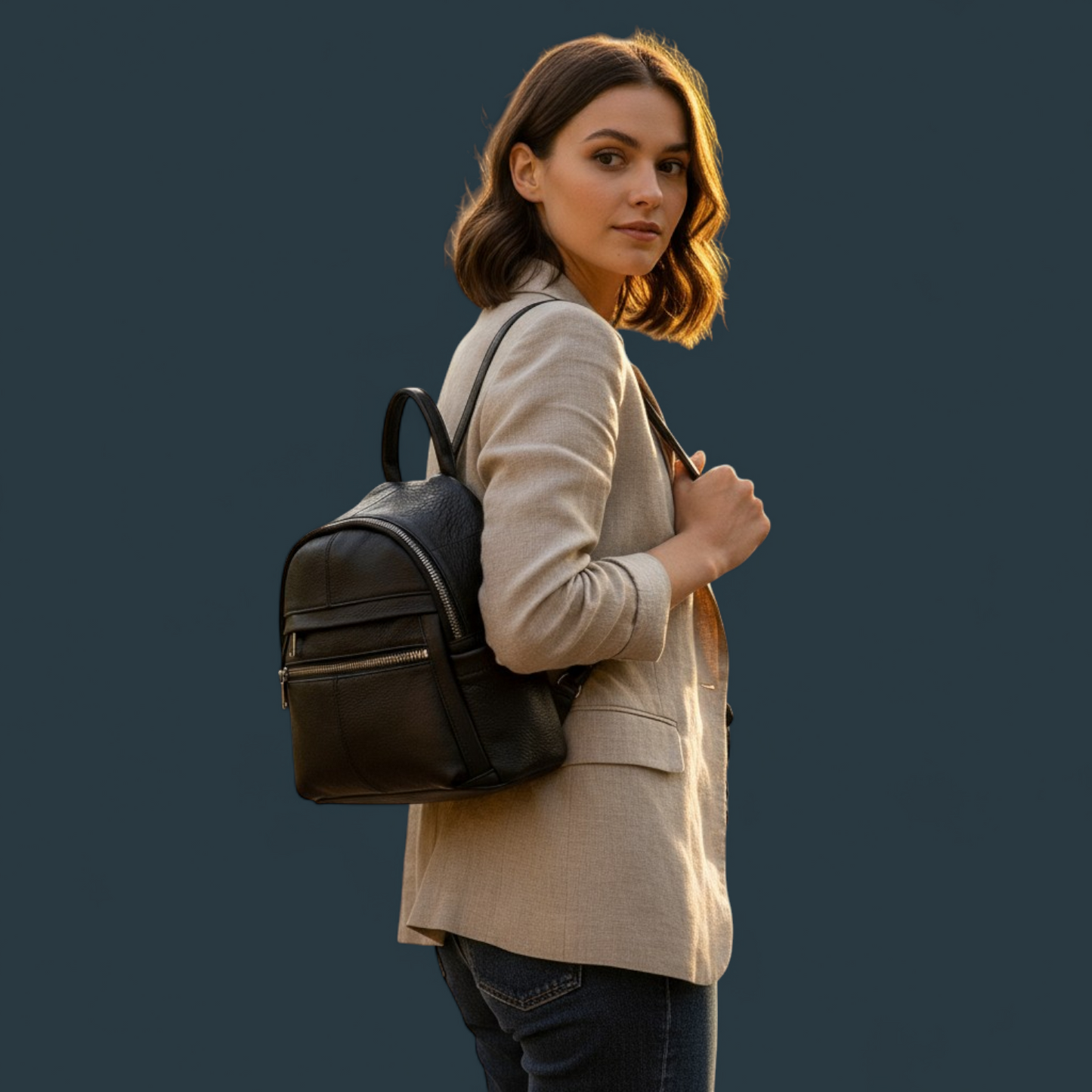 Geanta dama tip rucsac, Lucmark, piele naturala, compartimentare eficienta, design clasic, dimensiuni 25 x 10 x 27 cm, Negru