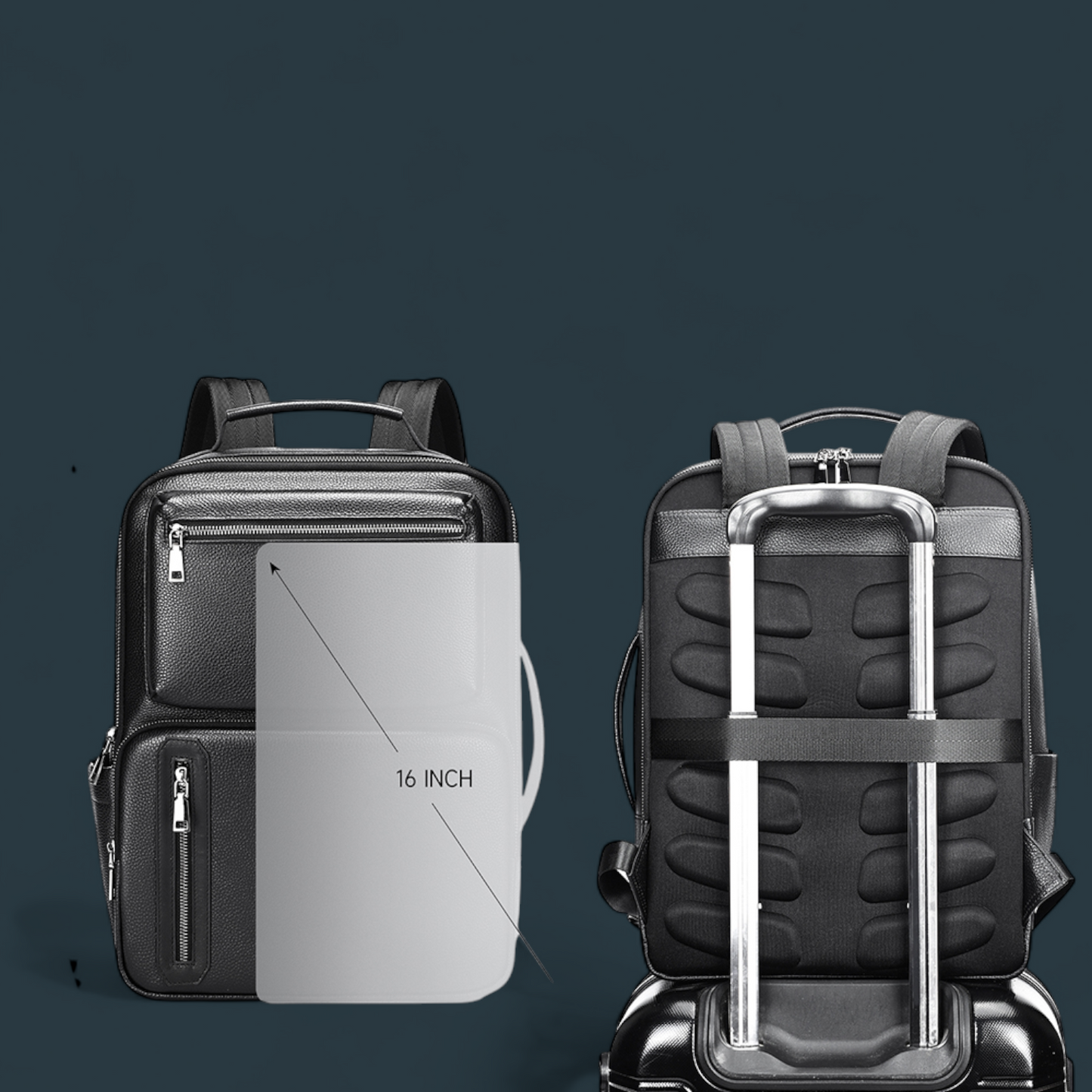 Geanta multifunctionala, Lucmark, piele naturala, 42x30x14 cm, compartiment laptop/tableta, prindere pe troler, spate captusit cu panouri buretate ergonomice, negru