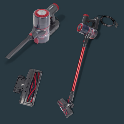 Aspirator vertical cu fir, 900W, fara sac, capacitate 0.7L, raza de actiune 6m, filtru HEPA, rosu