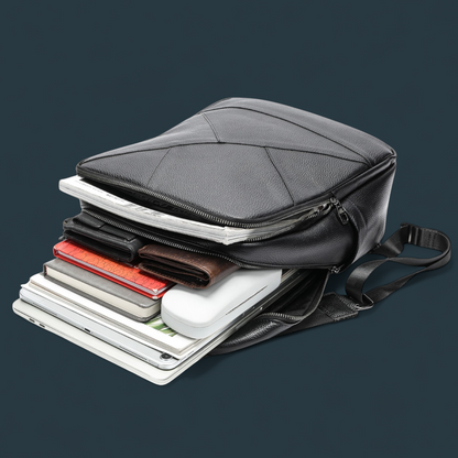 Rucsac multifunctional pentru barbati, Lucmark, piele naturala, 42×16×30 cm, compartimente multiple, compatibil cu troler, negru