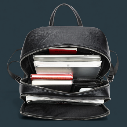 Rucsac multifunctional pentru barbati, Lucmark, piele naturala, 42×16×30 cm, compartimente multiple, compatibil cu troler, negru