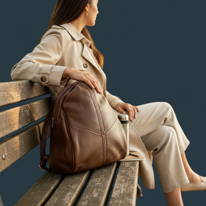 Geanta dama tip rucasc, Lucmark, piele naturala, design minimalist, compartimentare eficienta, dimensiuni 29, 5 x 15 x 23, 5 cm, Maro