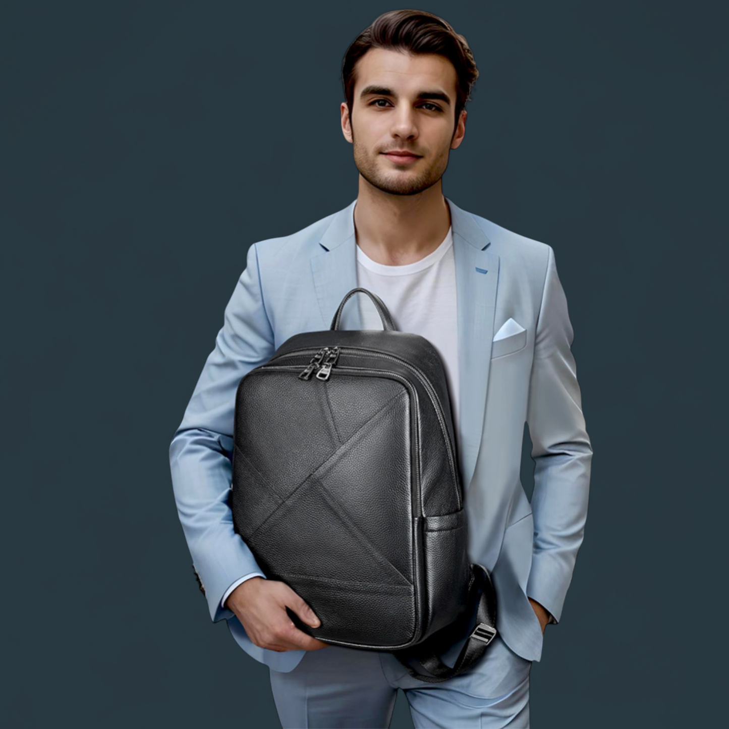 Rucsac multifunctional pentru barbati, Lucmark, piele naturala, 42×16×30 cm, compartimente multiple, compatibil cu troler, negru