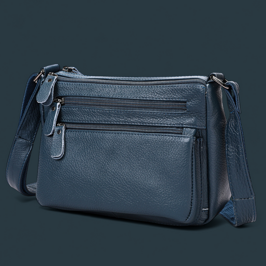 Geanta dama din piele naturala, Lucmark, design practic, compartimentare eficienta, curea reglabila, dimensiuni 24 x 10 x 18 cm, albastru