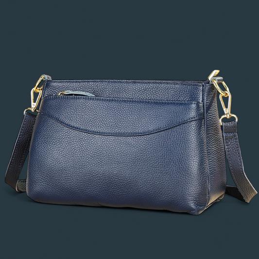 Geanta de dama din piele naturala, Lucmark, 25 x 17.5 x 10 cm, practica, design clasic, Albastru Inchis