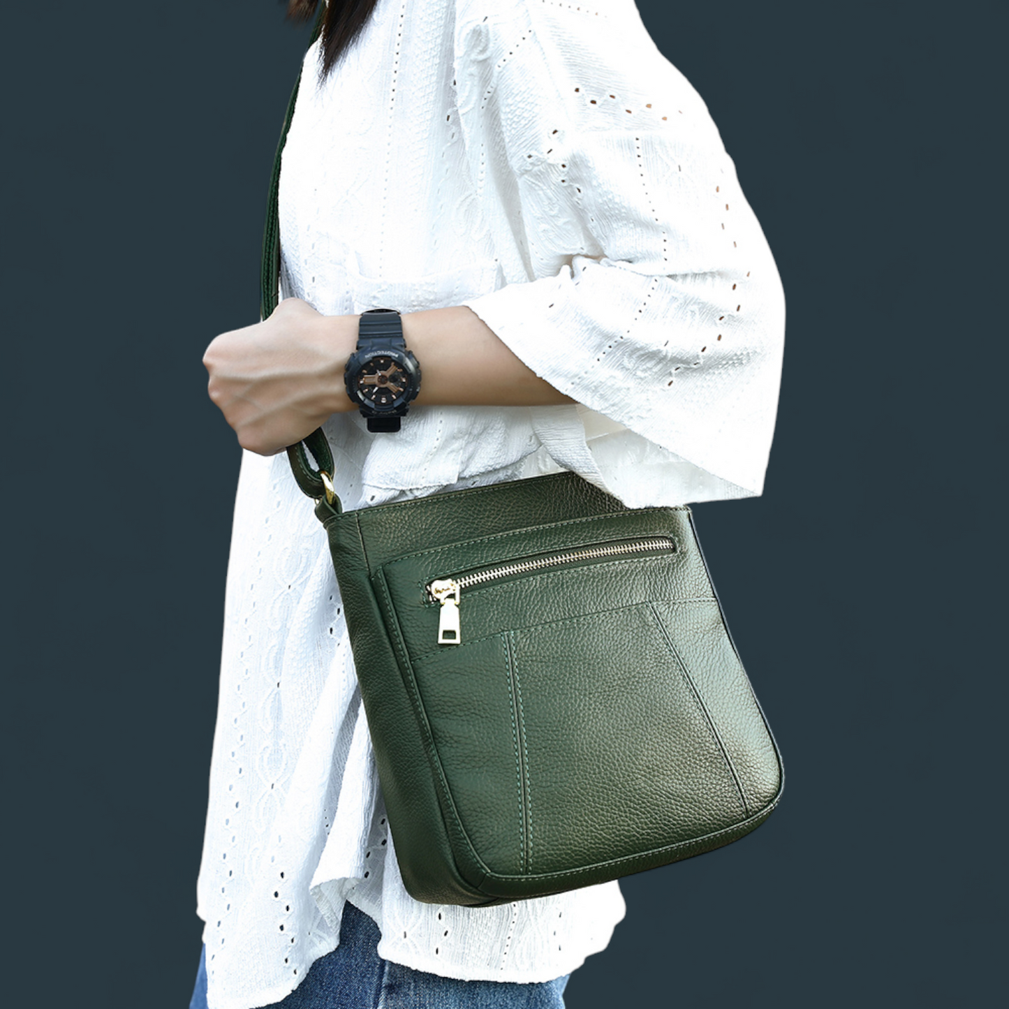 Geanta de umar Lucmark, piele naturala, curea ajustabila, verde, 23x21x10cm