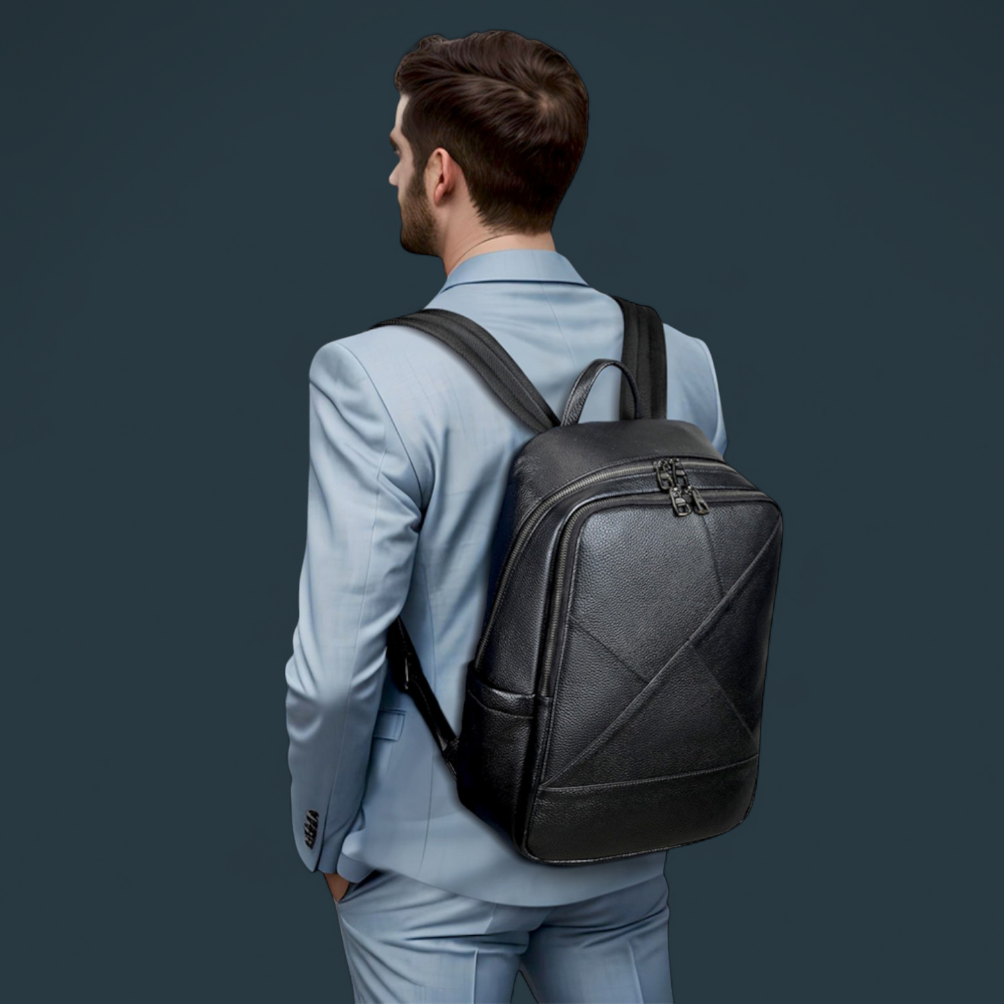 Rucsac multifunctional pentru barbati, Lucmark, piele naturala, 42×16×30 cm, compartimente multiple, compatibil cu troler, negru