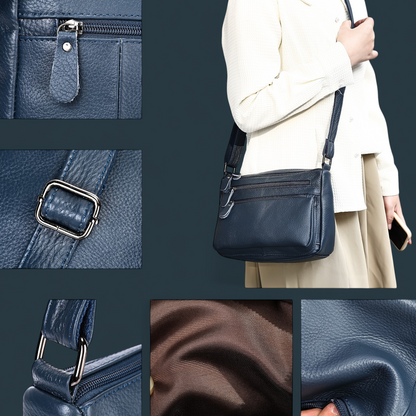 Geanta dama din piele naturala, Lucmark, design practic, compartimentare eficienta, curea reglabila, dimensiuni 24 x 10 x 18 cm, albastru