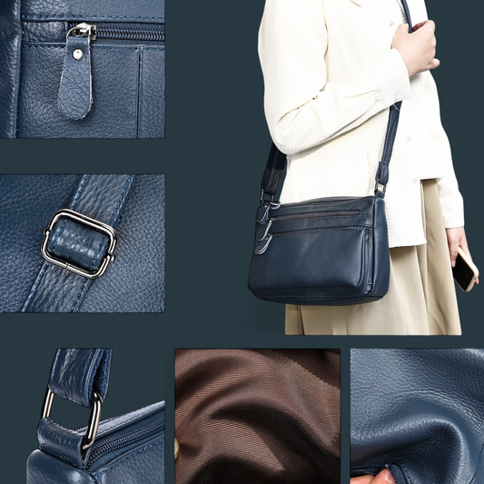 Geanta dama din piele naturala, Lucmark, design practic, compartimentare eficienta, curea reglabila, dimensiuni 24 x 10 x 18 cm, albastru