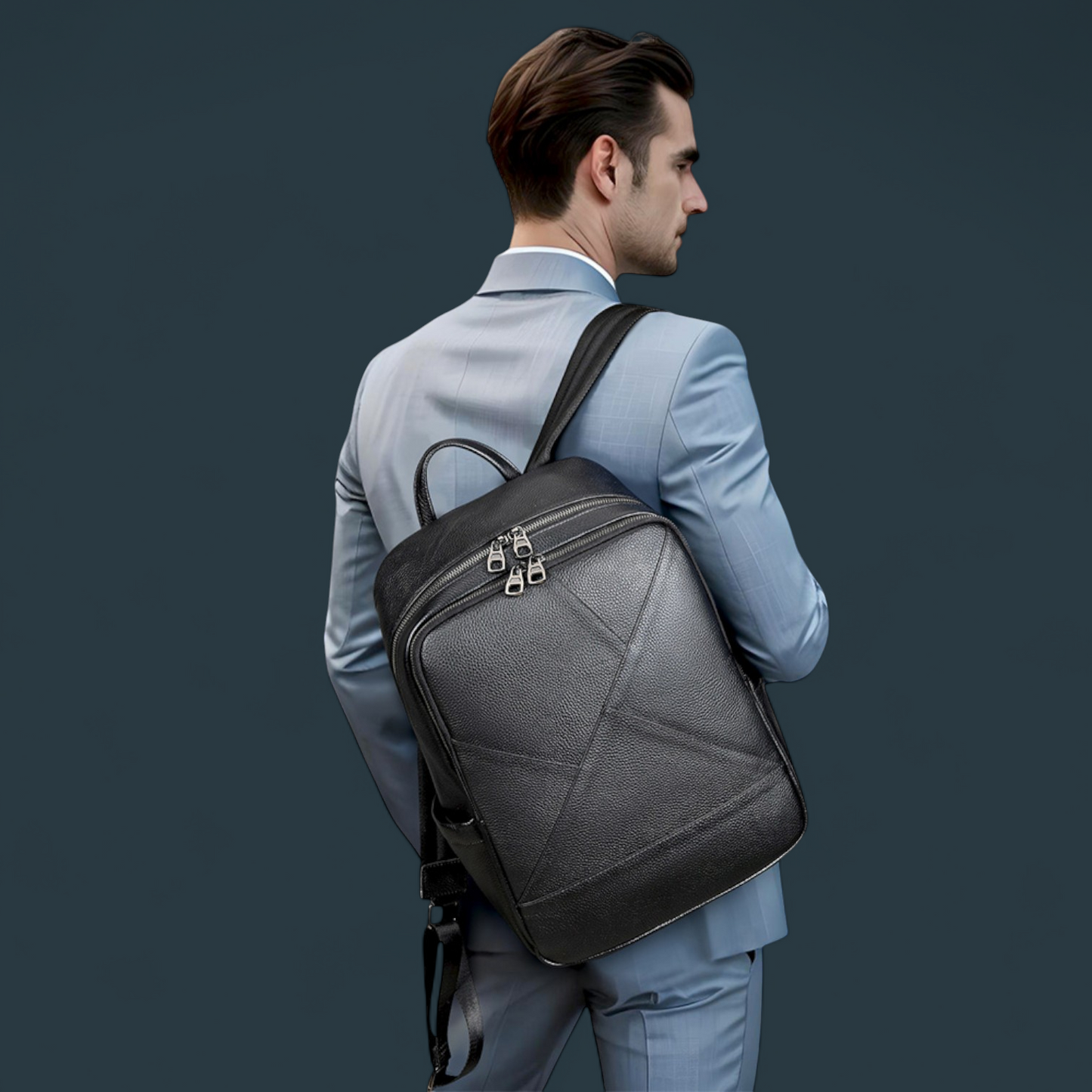 Rucsac multifunctional pentru barbati, Lucmark, piele naturala, 42×16×30 cm, compartimente multiple, compatibil cu troler, negru