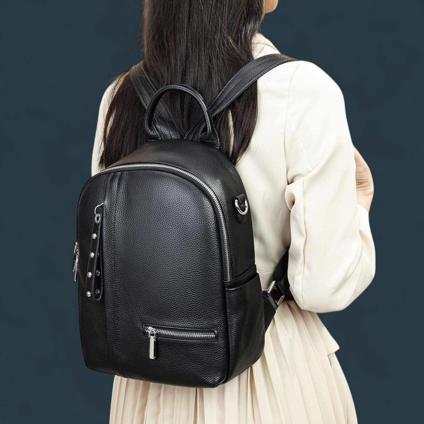 Geanta dama tip rucsac, Lucmark, piele naturala, curea de umar detasabila, Negru