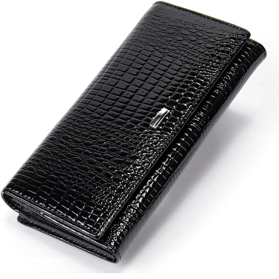 Portofel dama, Lucmark, piele naturala cu aspect lacuit, compartiment telefon, 2 compartimente card SD, inchidere magnetica, 19 x 3 x 10 cm, Negru