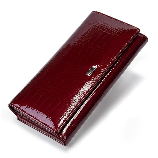 Portofel dama, Lucmark, piele naturala cu aspect lacuit, compartiment telefon, 2 compartimente card SD, inchidere magnetica, 19 x 3 x 10 cm, Visiniu