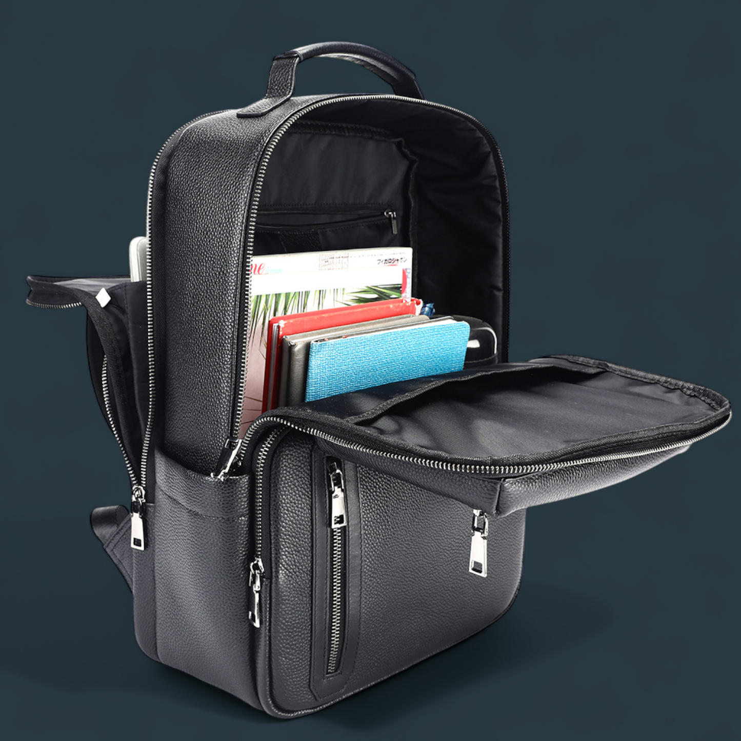 Geanta multifunctionala, Lucmark, piele naturala, 42x30x14 cm, compartiment laptop/tableta, prindere pe troler, spate captusit cu panouri buretate ergonomice, negru