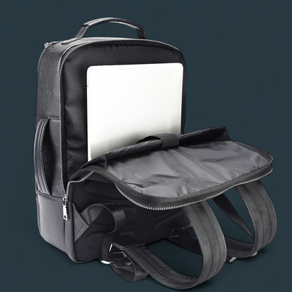 Geanta multifunctionala, Lucmark, piele naturala, 42x30x14 cm, compartiment laptop/tableta, prindere pe troler, spate captusit cu panouri buretate ergonomice, negru