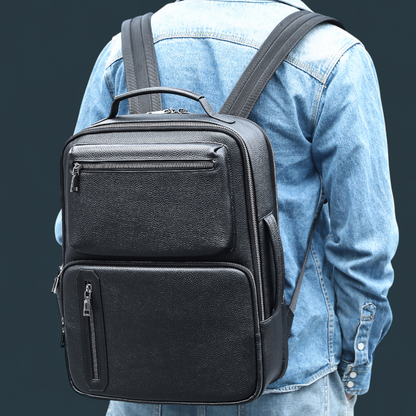 Geanta multifunctionala, Lucmark, piele naturala, 42x30x14 cm, compartiment laptop/tableta, prindere pe troler, spate captusit cu panouri buretate ergonomice, negru