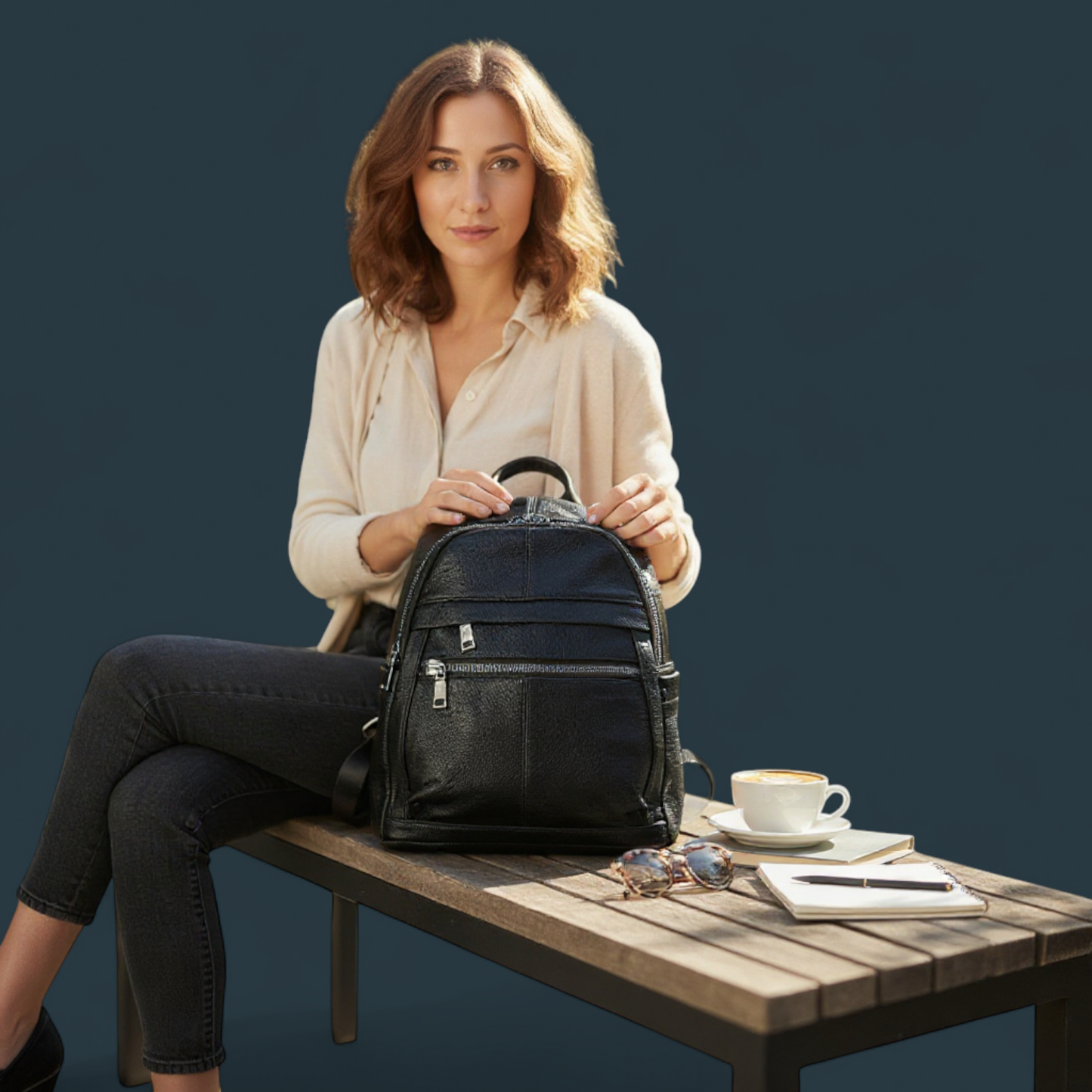 Geanta dama tip rucsac, Lucmark, piele naturala, compartimentare eficienta, design clasic, dimensiuni 25 x 10 x 27 cm, Negru