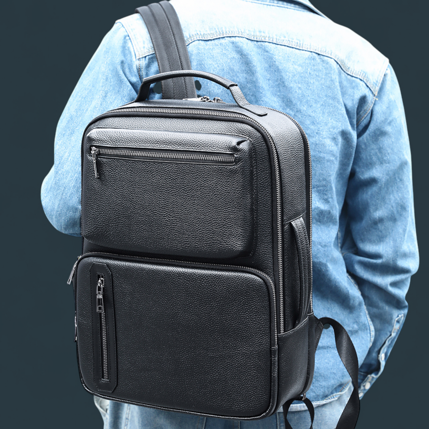 Geanta multifunctionala, Lucmark, piele naturala, 42x30x14 cm, compartiment laptop/tableta, prindere pe troler, spate captusit cu panouri buretate ergonomice, negru