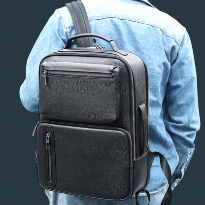 Geanta multifunctionala, Lucmark, piele naturala, 42x30x14 cm, compartiment laptop/tableta, prindere pe troler, spate captusit cu panouri buretate ergonomice, negru