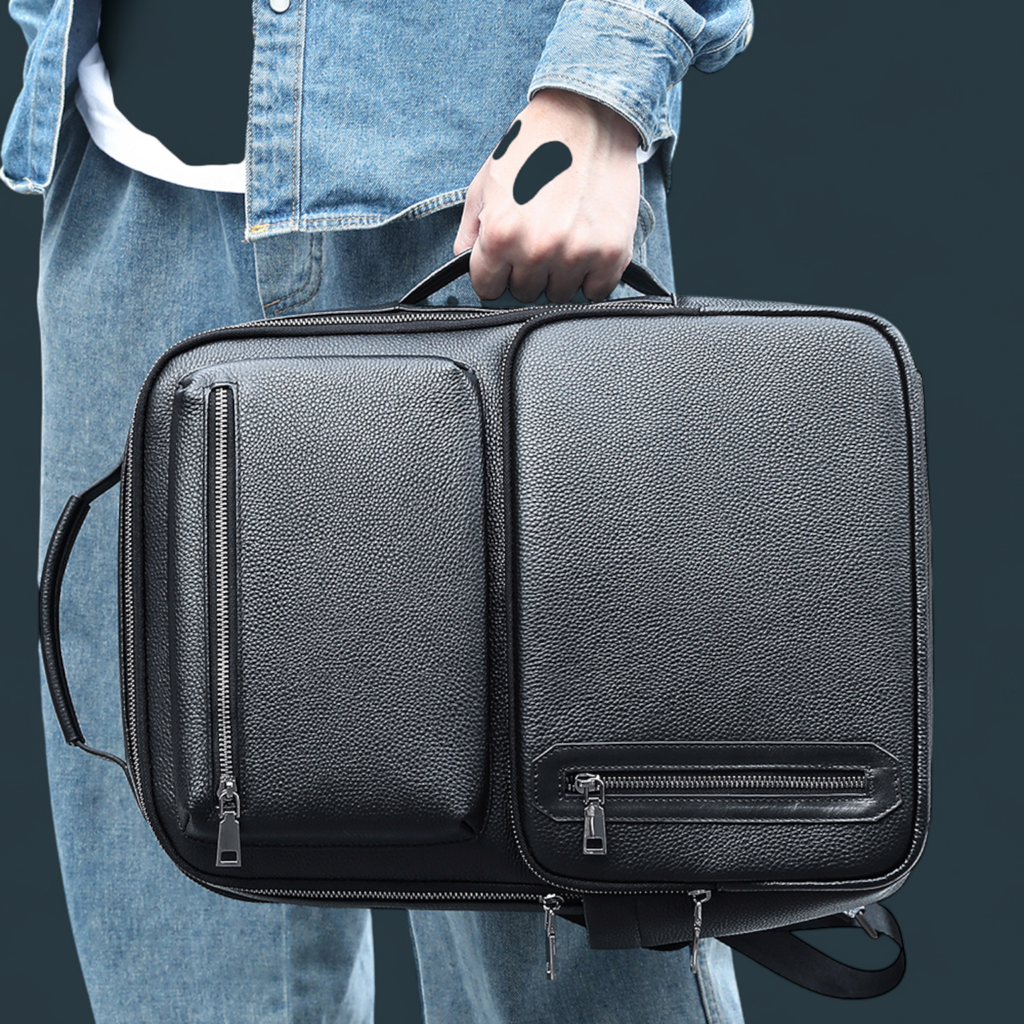 Geanta multifunctionala, Lucmark, piele naturala, 42x30x14 cm, compartiment laptop/tableta, prindere pe troler, spate captusit cu panouri buretate ergonomice, negru