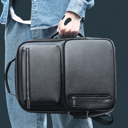 Geanta multifunctionala, Lucmark, piele naturala, 42x30x14 cm, compartiment laptop/tableta, prindere pe troler, spate captusit cu panouri buretate ergonomice, negru