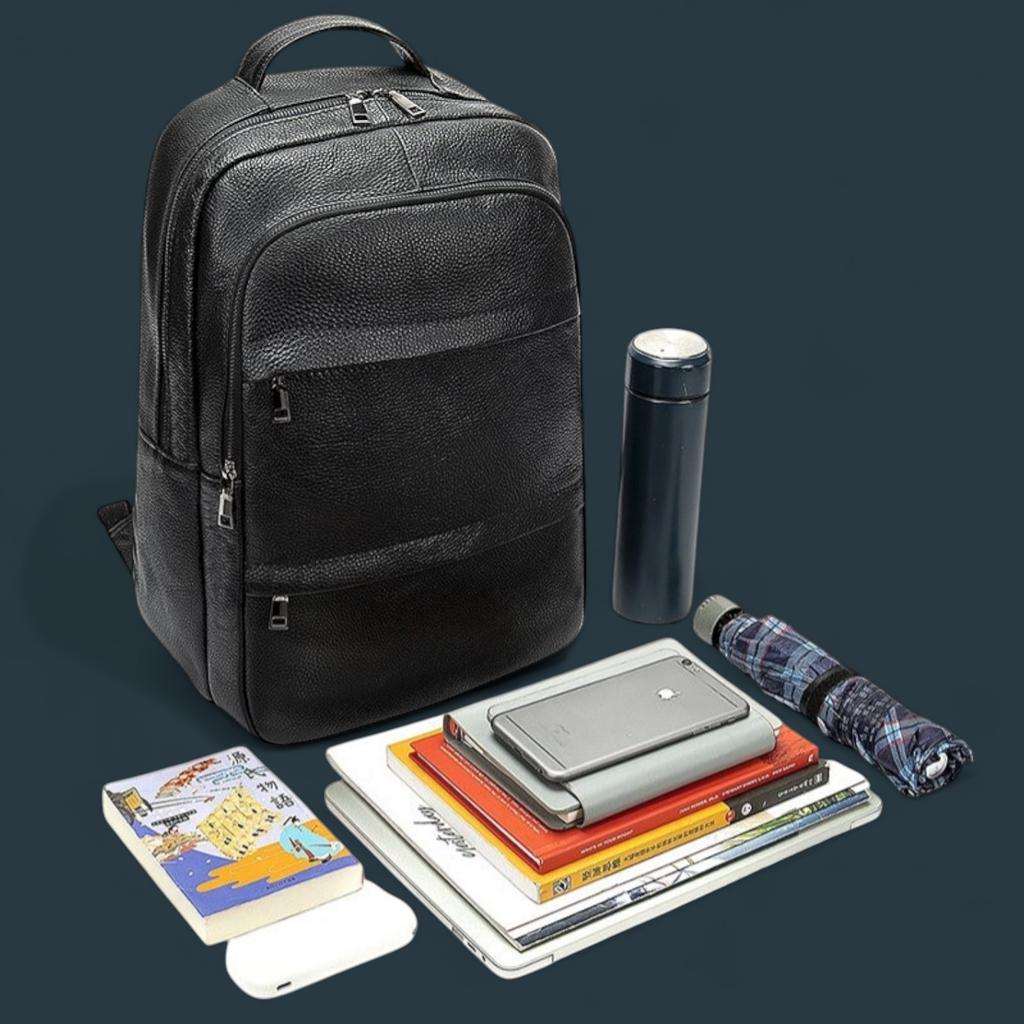 Geanta tip rucsac pentru barbati, Lucmark, piele naturala rezistenta, spatioasa, 42 x 30 x 16 cm, negru