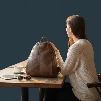 Geanta dama tip rucasc, Lucmark, piele naturala, design minimalist, compartimentare eficienta, dimensiuni 29, 5 x 15 x 23, 5 cm, Maro