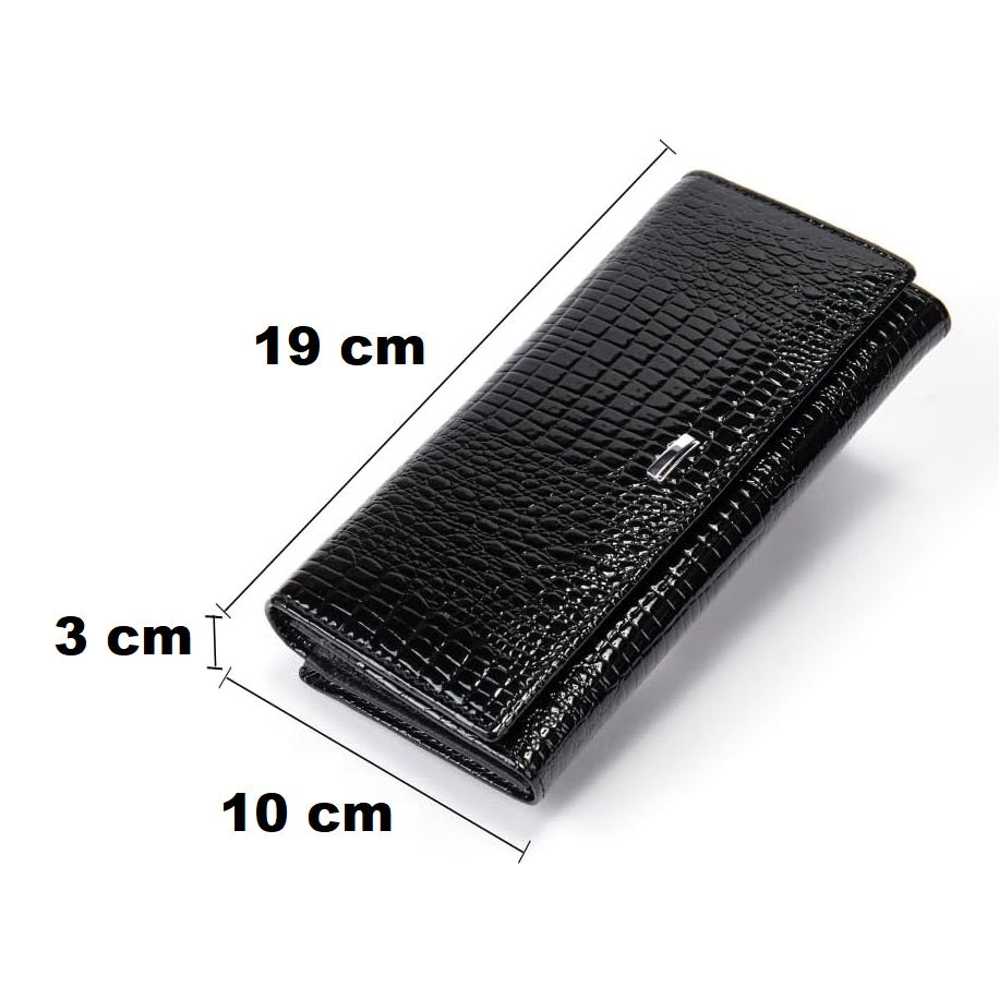 Portofel dama, Lucmark, piele naturala cu aspect lacuit, compartiment telefon, 2 compartimente card SD, inchidere magnetica, 19 x 3 x 10 cm, Negru