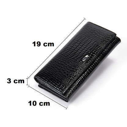 Portofel dama, Lucmark, piele naturala cu aspect lacuit, compartiment telefon, 2 compartimente card SD, inchidere magnetica, 19 x 3 x 10 cm, Negru