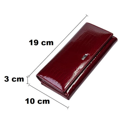 Portofel dama, Lucmark, piele naturala cu aspect lacuit, compartiment telefon, 2 compartimente card SD, inchidere magnetica, 19 x 3 x 10 cm, Visiniu