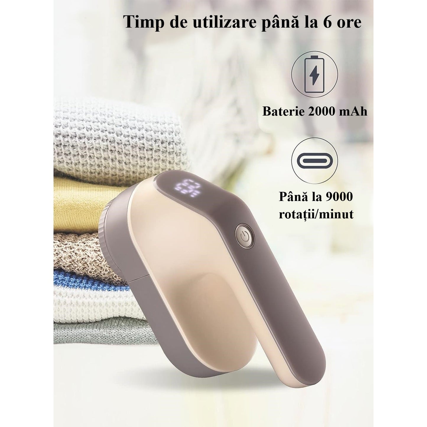 Aparat electric pentru indepartarea scamelor, Lucmark, Acumulator, Portabil, 9000 rpm, Sampanie