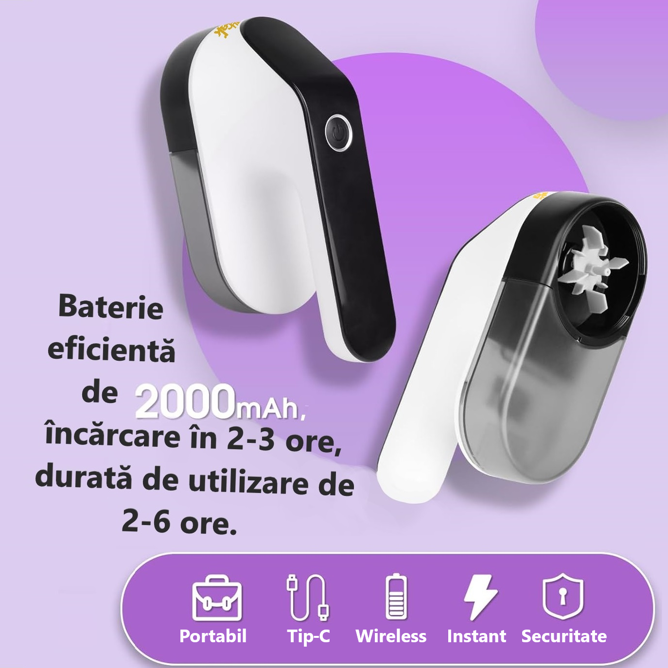 Aparat electric pentru indepartarea scamelor, Lucmark, Acumulator, Portabil, 9000 rpm, Alb-negru