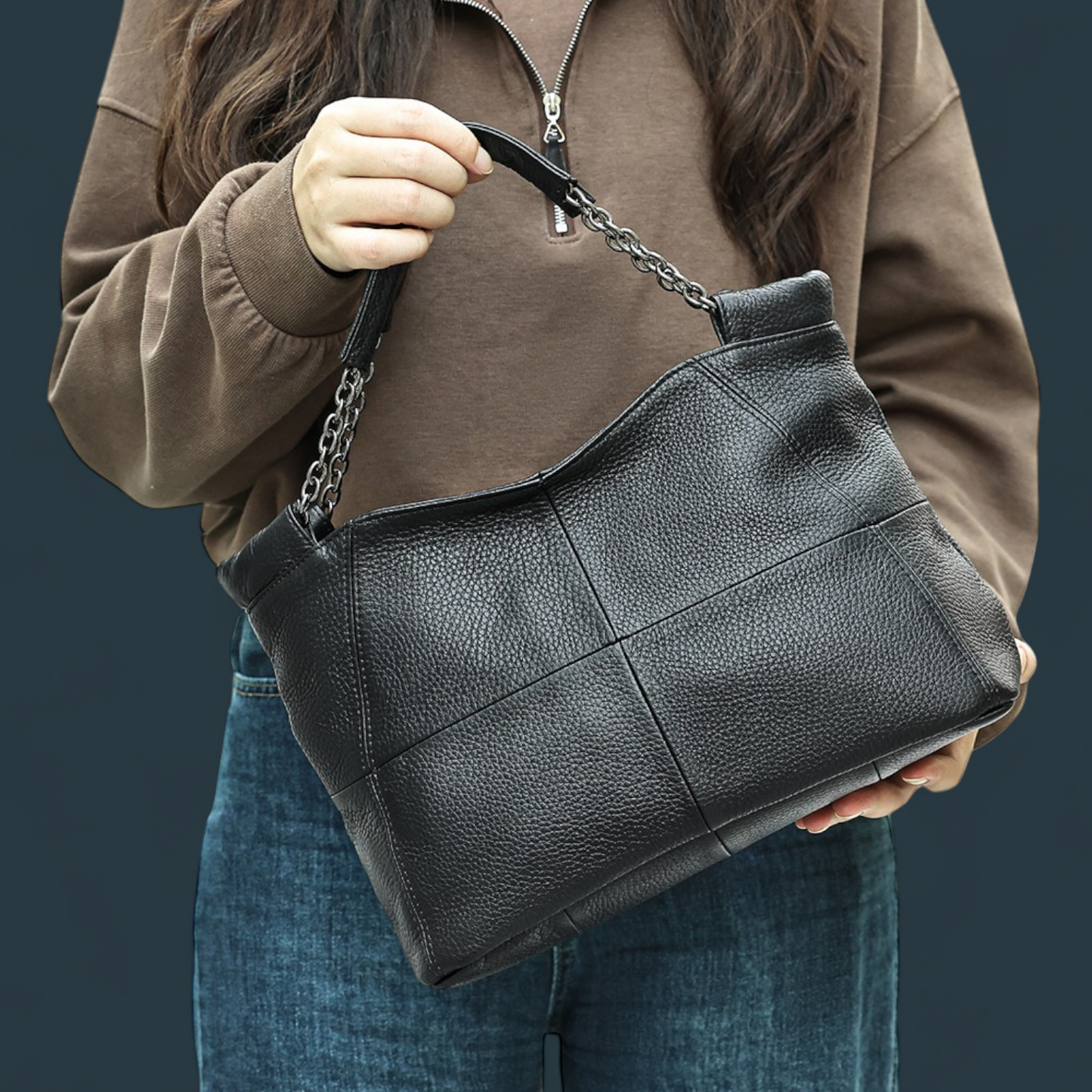 Geanta dama din piele naturala, Lucmark, curea de umar reglabila si detasabila, 30 x 13 x 22 cm, capacitate generoasa, negru