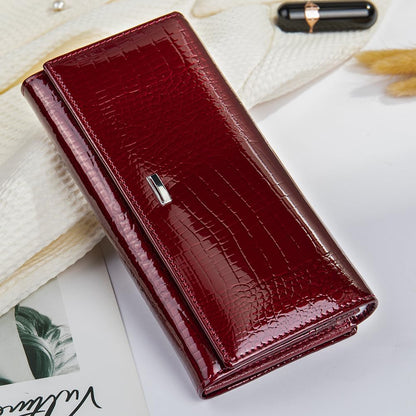 Portofel dama, Lucmark, piele naturala cu aspect lacuit, compartiment telefon, 2 compartimente card SD, inchidere magnetica, 19 x 3 x 10 cm, Visiniu