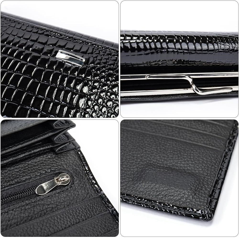 Portofel dama, Lucmark, piele naturala cu aspect lacuit, compartiment telefon, 2 compartimente card SD, inchidere magnetica, 19 x 3 x 10 cm, Negru