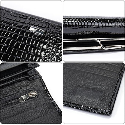 Portofel dama, Lucmark, piele naturala cu aspect lacuit, compartiment telefon, 2 compartimente card SD, inchidere magnetica, 19 x 3 x 10 cm, Negru