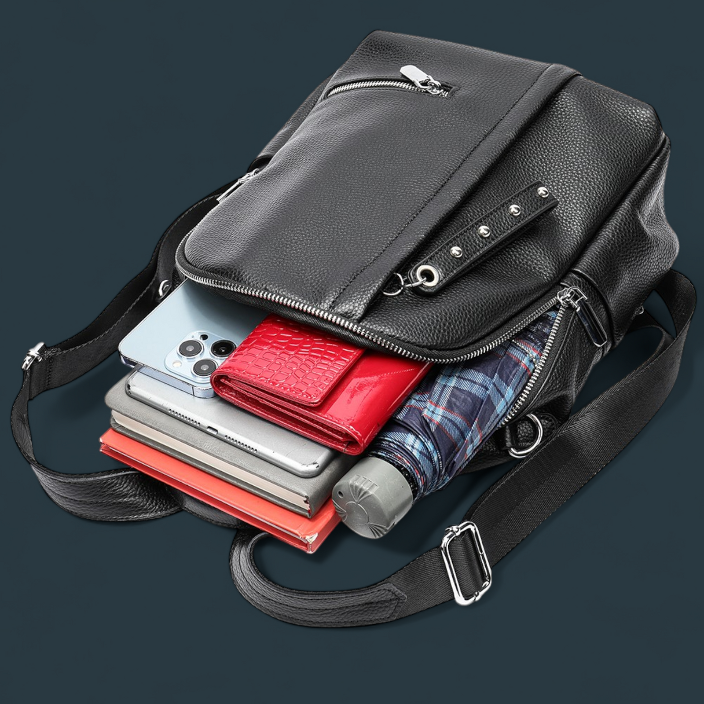 Geanta dama tip rucsac, Lucmark, piele naturala, curea de umar detasabila, Negru