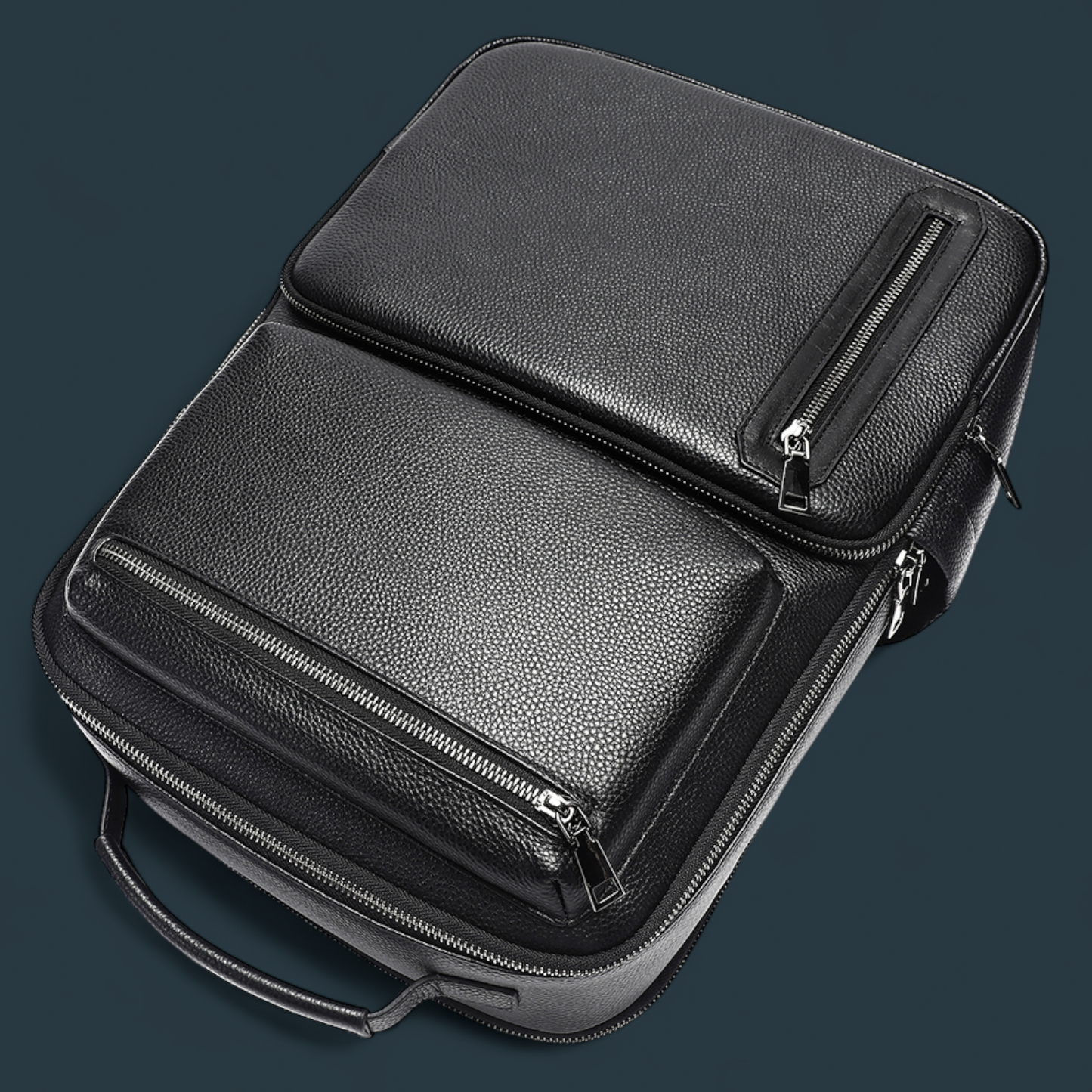 Geanta multifunctionala, Lucmark, piele naturala, 42x30x14 cm, compartiment laptop/tableta, prindere pe troler, spate captusit cu panouri buretate ergonomice, negru