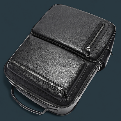 Geanta multifunctionala, Lucmark, piele naturala, 42x30x14 cm, compartiment laptop/tableta, prindere pe troler, spate captusit cu panouri buretate ergonomice, negru