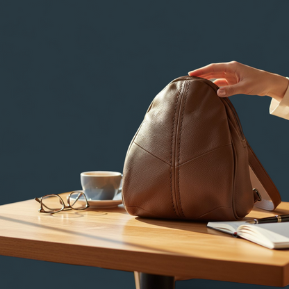 Geanta dama tip rucasc, Lucmark, piele naturala, design minimalist, compartimentare eficienta, dimensiuni 29, 5 x 15 x 23, 5 cm, Maro