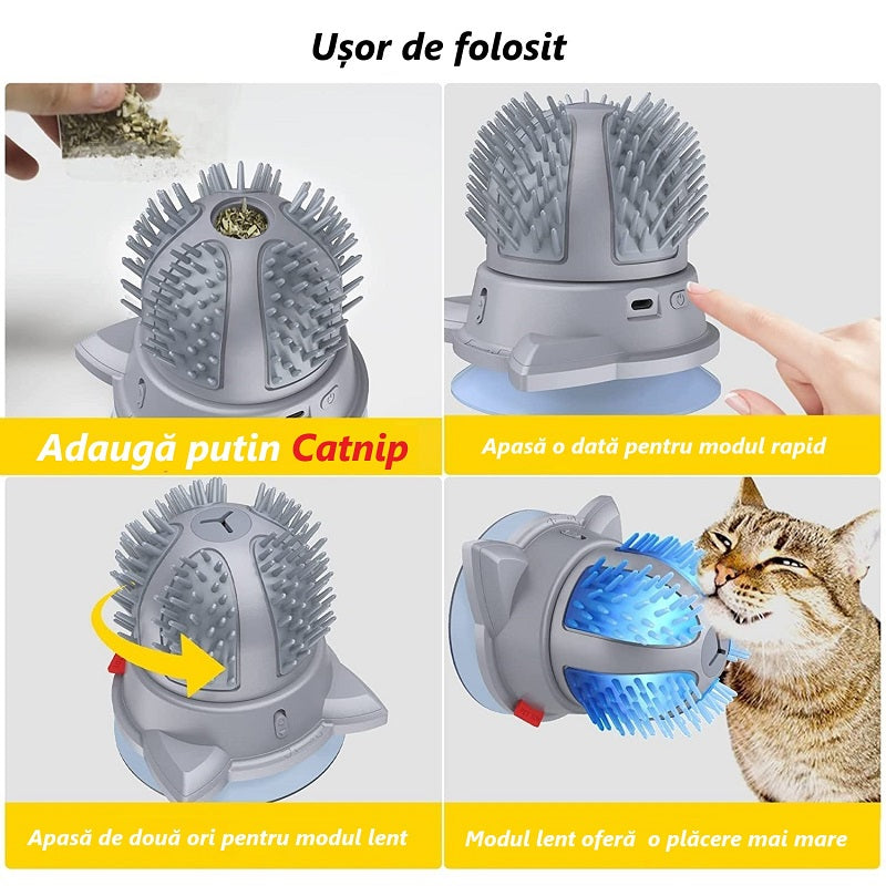 Perie electrica pentru pisici, Lucmark, 2 viteze pentru masaj, Autocuratare, Jucarie interactiva, Lumini LED, Catnip 7g, Gri