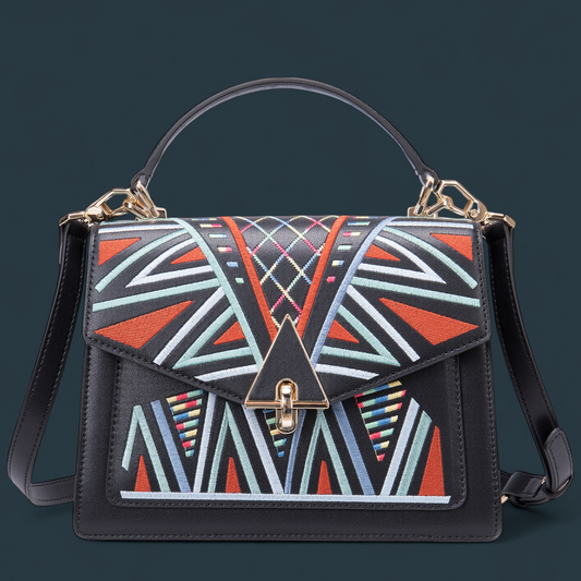 Geanta dama, Lucmark, piele naturala, design unicat, 23 x 17 x 8.2 cm, curea de umar reglabila si detasabila, compartiment carduri, inchidere cu catarama magnetica, Negru cu broderie multicolora