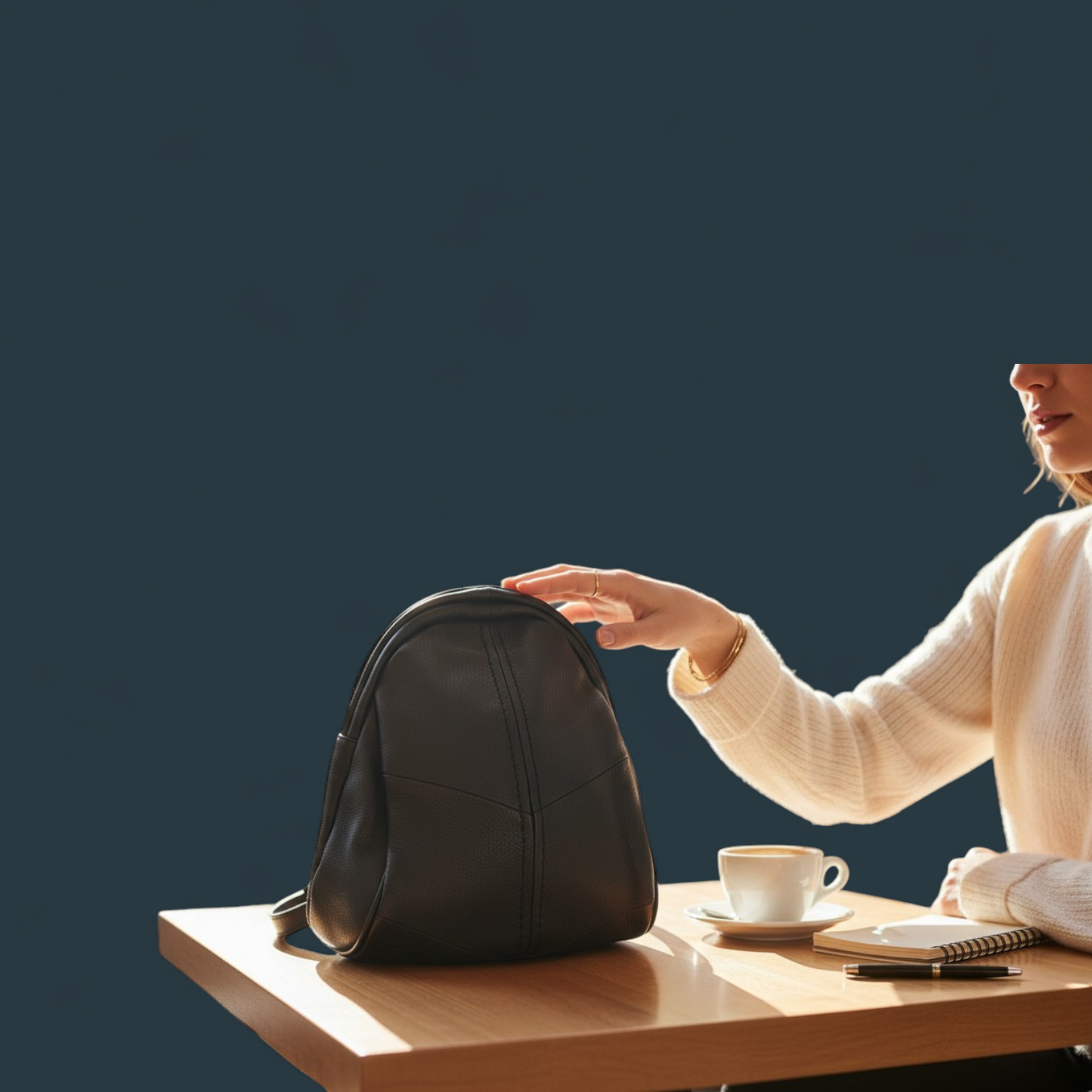 Geanta dama tip rucasc, Lucmark, piele naturala, design minimalist, compartimentare eficienta, dimensiuni 29,5 x 15 x 23,5 cm, negru